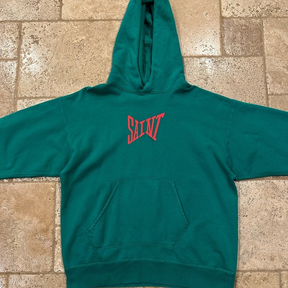 Saint Michael Red Ribbon Logo Pullover Green Hoodie - Picture 9 of 11